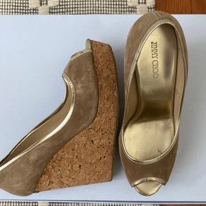 Jimmy Choo cork wedge suede heels with gold detail peep toe
